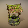 Rustic Ancient Well Structure With Thatched Roof Moss Covered Stones And Wooden Pulley