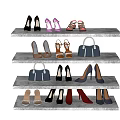 Stylish Women Shoes Display On White Shelves With Various Styles And Handbags