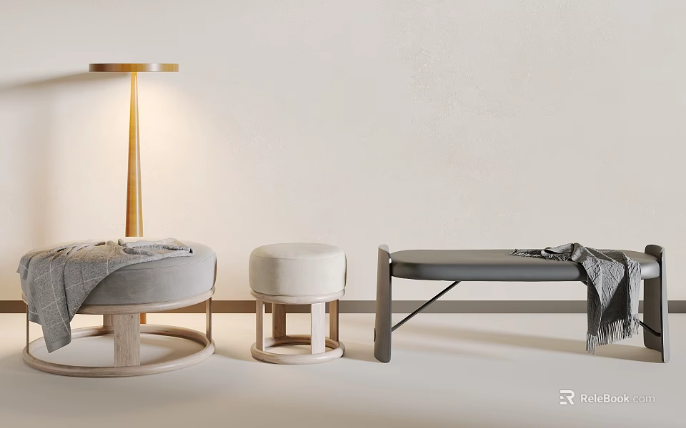 Gray Single Sofa With Blanket Wooden Stool Bench And Floor Lamp Against Light Wall 3d model 