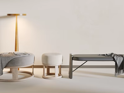 Gray Single Sofa With Blanket Wooden Stool Bench And Floor Lamp Against Light Wall 3d model