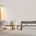 Gray Single Sofa With Blanket Wooden Stool Bench And Floor Lamp Against Light Wall