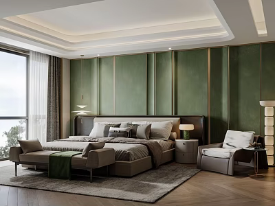 Modern Bedroom Interior With Green Walls Dark Headboard Bedside Tables And Floor Lamps 3d model