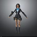 Sci Fi Female Character With Black Coat Short Skirt Boots And Blue Accents Gear