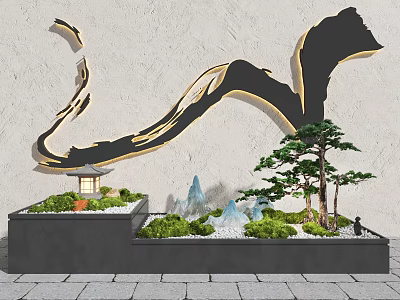 Modern Garden Ornament With Lighted Black Curved Decor Small Pavilion Rockery Pine Tree And Greenery 3d model