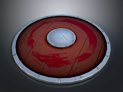 Viking Style Round Shield With Wooden Red Patterned Surface And Silver Metal Dome Rivets 3d model