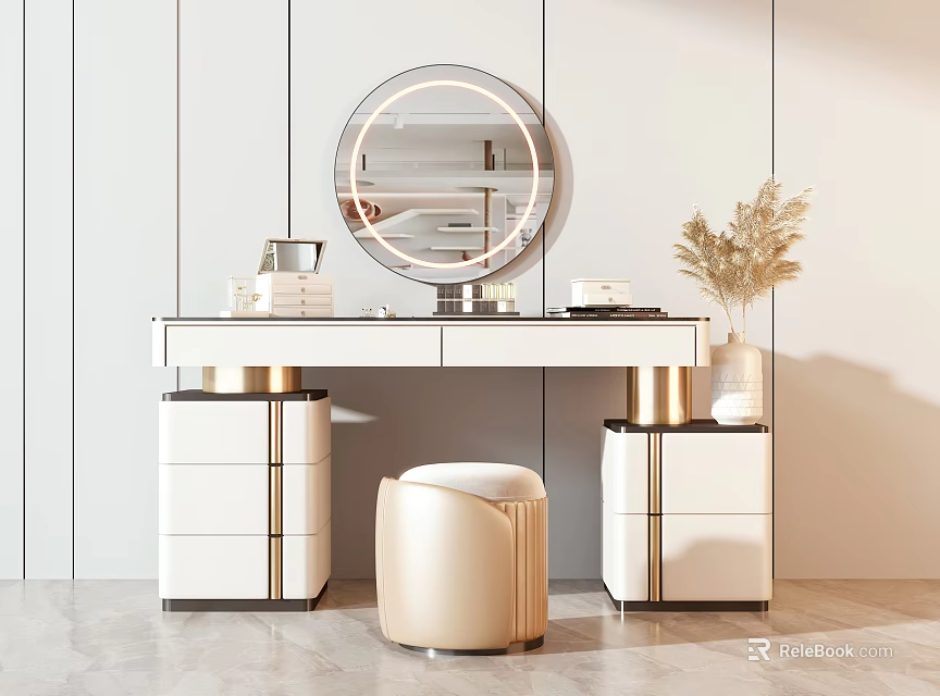 Elegant Modern Dressing Table With Illuminated Round Mirror Gold Accents White Cabinetry And Stool 3d model 