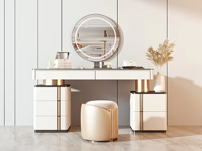 Elegant Modern Dressing Table With Illuminated Round Mirror Gold Accents White Cabinetry And Stool 3d model
