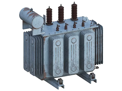 Industrial Power Transformer With Metal Casing Cooling Fins And Insulation Bushings 3d model
