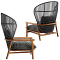 Modern Rattan Accent Chair With Wooden Frame Armrests And Soft Gray Cushion Design