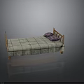 Wooden Bed Frame With Carved Headboard Plaid Bedspread And Purple Plaid Pillows