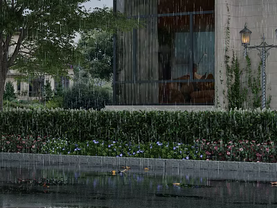 Lush Courtyard Garden With Green Hedges Colorful Flowers Lamp Post And Rainy Water Reflection 3d model