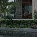 Lush Courtyard Garden With Green Hedges Colorful Flowers Lamp Post And Rainy Water Reflection