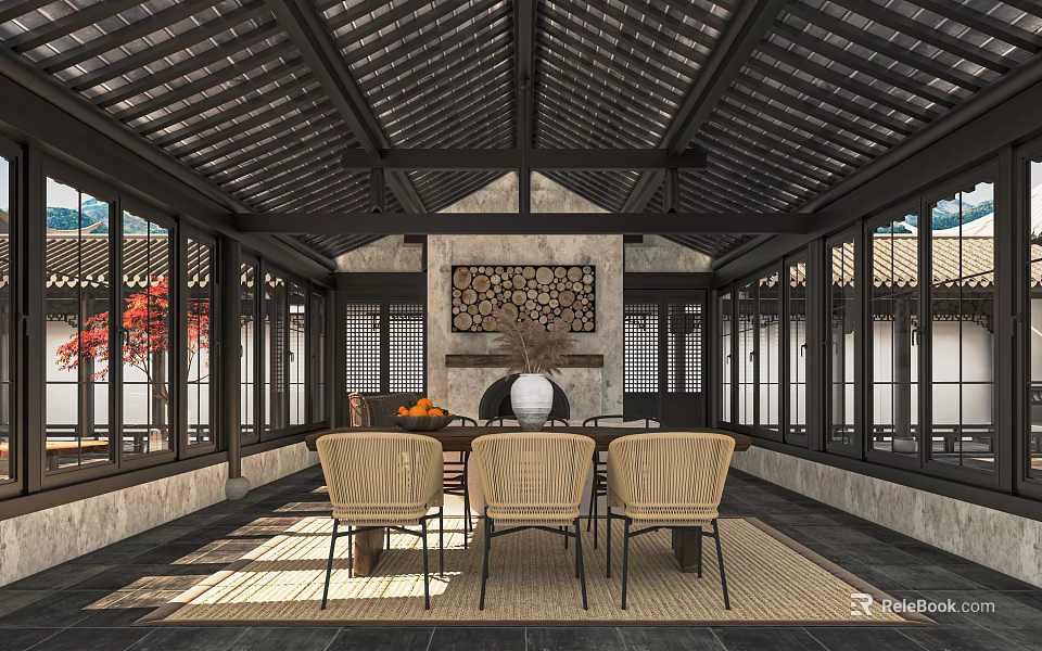 Traditional Chinese Interior With Wooden Roof Large Windows And Rattan Chairs 3d model 