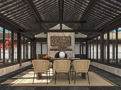 Traditional Chinese Interior With Wooden Roof Large Windows And Rattan Chairs 3d model