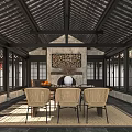 Traditional Chinese Interior With Wooden Roof Large Windows And Rattan Chairs