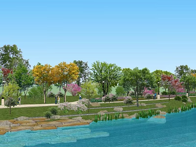Scenic Garden Landscape With Water Area Colorful Trees Lawn And Rocks 3d model