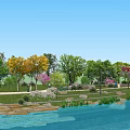 Scenic Garden Landscape With Water Area Colorful Trees Lawn And Rocks