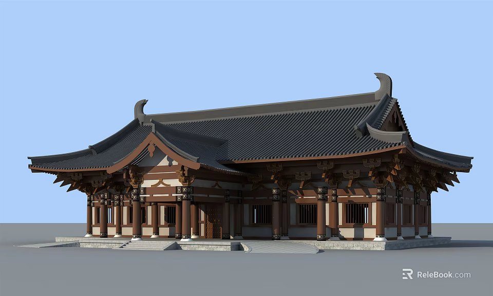 Traditional Ancient Chinese Architecture With Curved Eaves Wooden Beams And Black Tiled Roof 3d model 