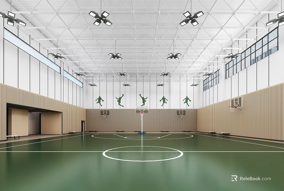 Modern Basketball Gym Interior With Green Court Hoops Ceiling Lights And Sports Silhouettes 3d model 