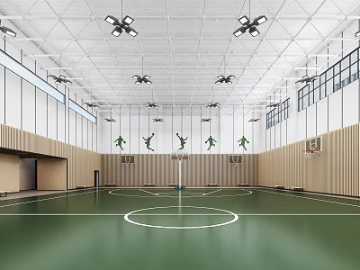 Modern Basketball Gym Interior With Green Court Hoops Ceiling Lights And Sports Silhouettes 3d model