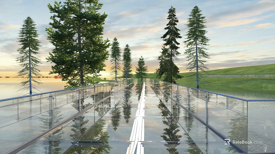 Transparent Glass Bridge With Tall Trees Green Grass And Sunset Sky Reflections 3d model 