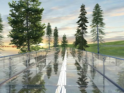 Transparent Glass Bridge With Tall Trees Green Grass And Sunset Sky Reflections 3d model
