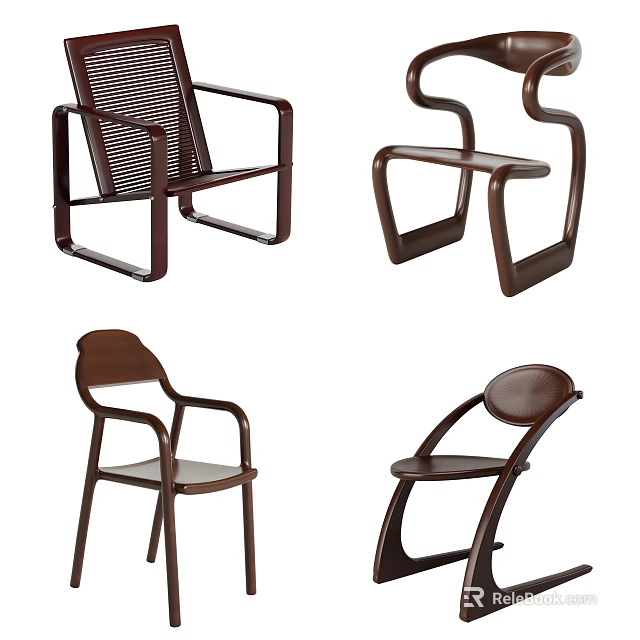 Modern Wooden Single Chairs With Various Contemporary Designs And Unique Backrests 3d model 
