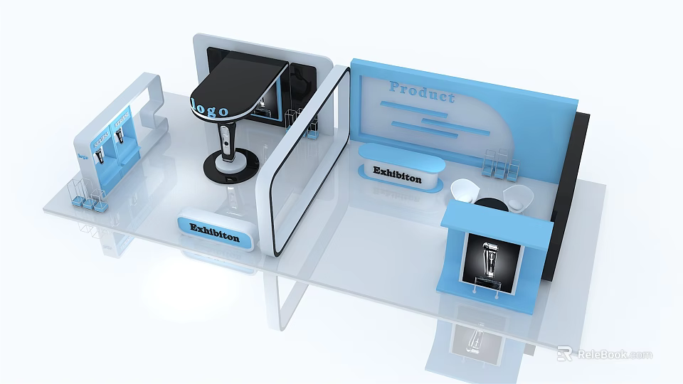 Modern Exhibition Booth With Blue Display Board Protect Signage And Balance Label 3d model 