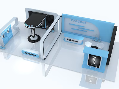 Modern Exhibition Booth With Blue Display Board Protect Signage And Balance Label 3d model