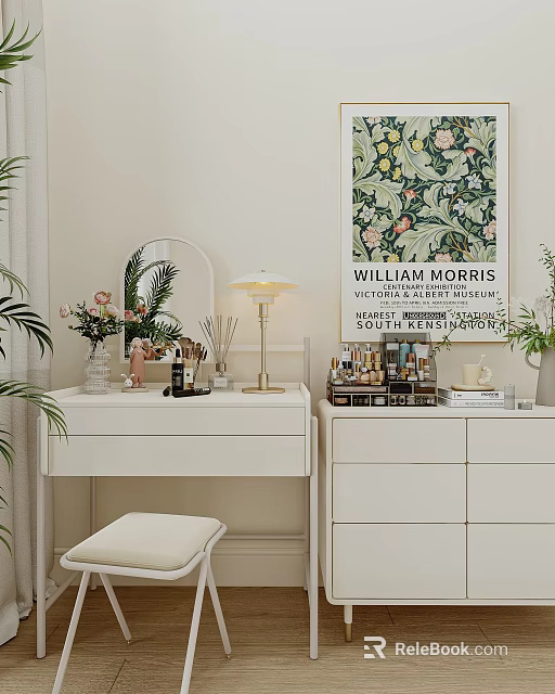 White Dressing Table with Round Mirror Gold Lamp Stool Cosmetics and William Morris Floral Print 3d model 