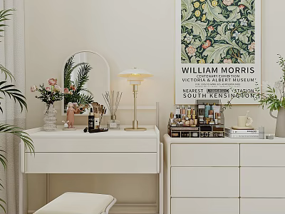 White Dressing Table with Round Mirror Gold Lamp Stool Cosmetics and William Morris Floral Print 3d model
