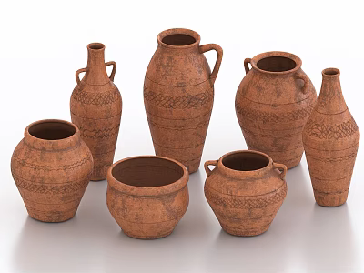 Brown Ceramic Vessels With Textured Patterns In Various Shapes And Sizes 3d model