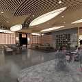 Traditional Exhibition Hall Interior With Wooden Ceiling Display Platforms And Chinese Signage