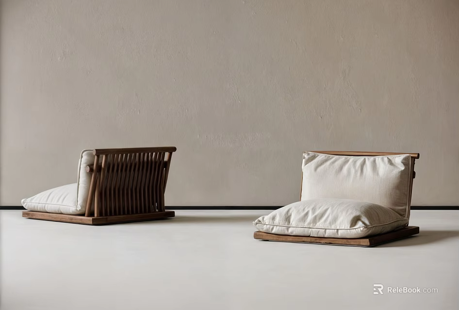 Modern Wooden Frame Low Seating With Light Beige Cushions And Minimalist Design 3d model 