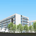 Modern Campus Building With Symmetrical Facade Large Front Screen And Students Gathering On Plaza