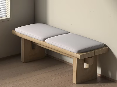 Wooden Bench With Two Gray Padded Seats In Room Corner With Natural Light 3d model