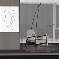 Cozy Modern Accent Chair With Round Rug Floor Lamp And Abstract Painting By White Blinds