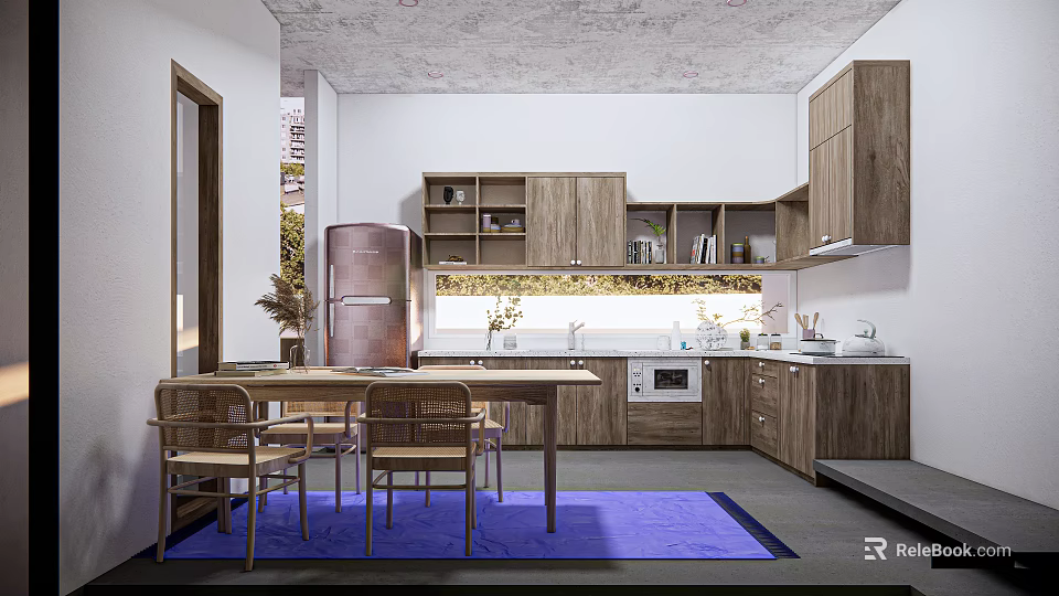 Modern Kitchen Interior With Wooden Cabinets Refrigerator Dining Table Chairs And Blue Rug 3d model 