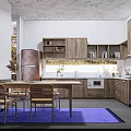 Modern Kitchen Interior With Wooden Cabinets Refrigerator Dining Table Chairs And Blue Rug