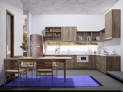 Modern Kitchen Interior With Wooden Cabinets Refrigerator Dining Table Chairs And Blue Rug 3d model