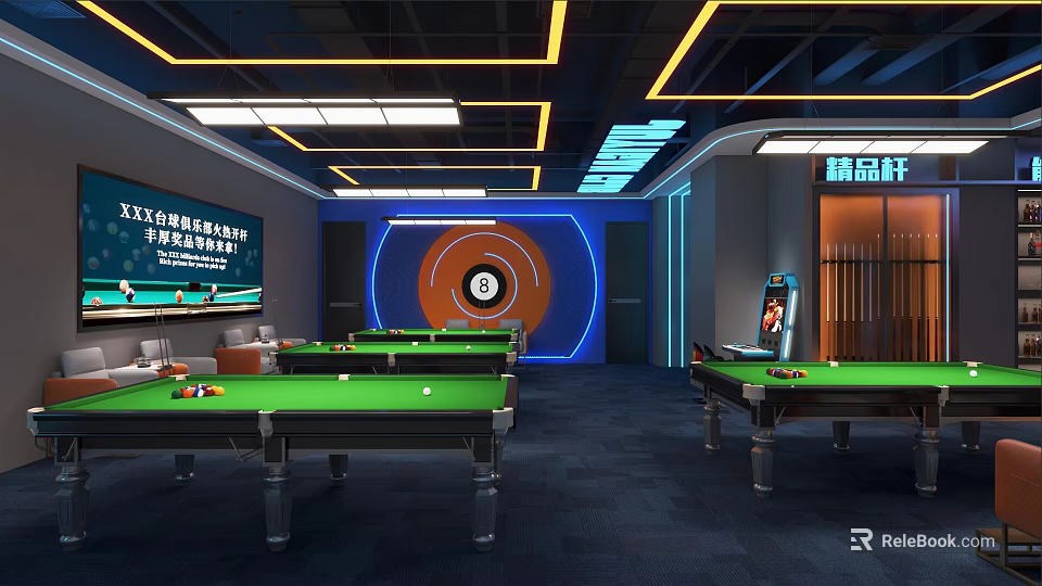 Modern Billiard Room Interior Design With Blue Orange Lighting And Multiple Green Tables 3d model 