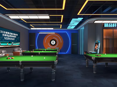 Modern Billiard Room Interior Design With Blue Orange Lighting And Multiple Green Tables 3d model