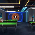 Modern Billiard Room Interior Design With Blue Orange Lighting And Multiple Green Tables
