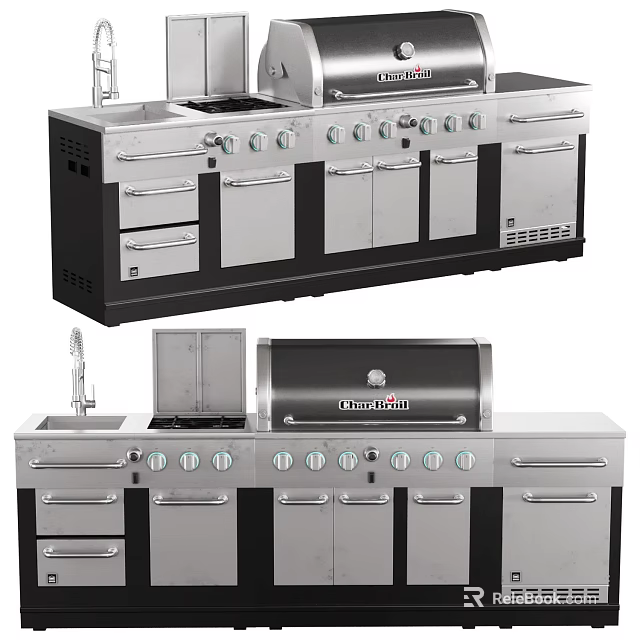Stainless Steel Kitchen Cabinets With Sink Stove And Oven Appliances 3d model 