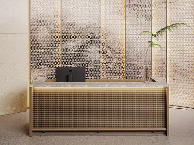 Hotel Front Desk Modern Design With Marble Countertop Geometric Pattern Backdrop And Potted Plant 3d model