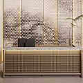 Hotel Front Desk Modern Design With Marble Countertop Geometric Pattern Backdrop And Potted Plant