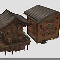 Traditional Wooden Buildings With Sloped Roofs And Multi Level Balconies Adorned With Flower Pots