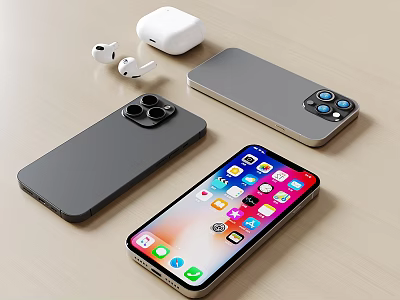 Smartphone With Colorful App Icons Gray Phone Cases And Wireless Earbuds Set 3d model