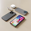 Smartphone With Colorful App Icons Gray Phone Cases And Wireless Earbuds Set
