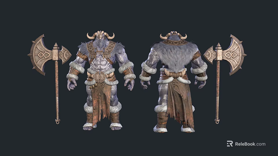 Horned Furry Man Warrior With Decorative Armor Holding Battle Axe Front Back View 3d model 